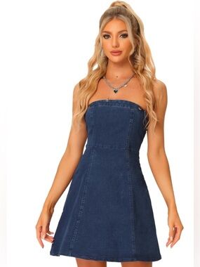 Allegra K light wash Denim Blue Strapless Dress